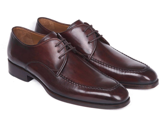 Introducing the Paul Parkman Brown & Bordeaux Leather Apron Derby Shoes (33BRD92) for men, crafted from hand-painted calfskin with a polished finish, lace-up closure, and detailed stitching.
