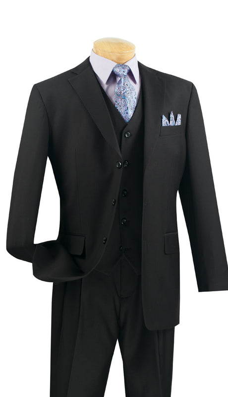 A mannequin showcases the Vinci Suits Regular Fit 3 Piece Single Breasted Suit (Black) 3TR-3 with a patterned tie, pocket square, and crisp white shirt.