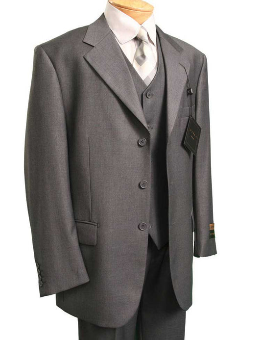Vinci Suits' Regular Fit 3 Piece Single Breasted Suit in Heather Gray, featuring a solid blazer, vest, and trousers on display with a white shirt and silver tie. Price tags highlight this sophisticated ensemble.