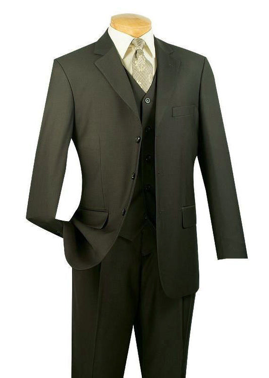 The Vinci Suits Regular Fit 3 Piece Single Breasted Suit (Olive) 3TR-3 is displayed on a mannequin, showcasing a blazer, vest, and pleated pants with a light shirt and patterned tie.