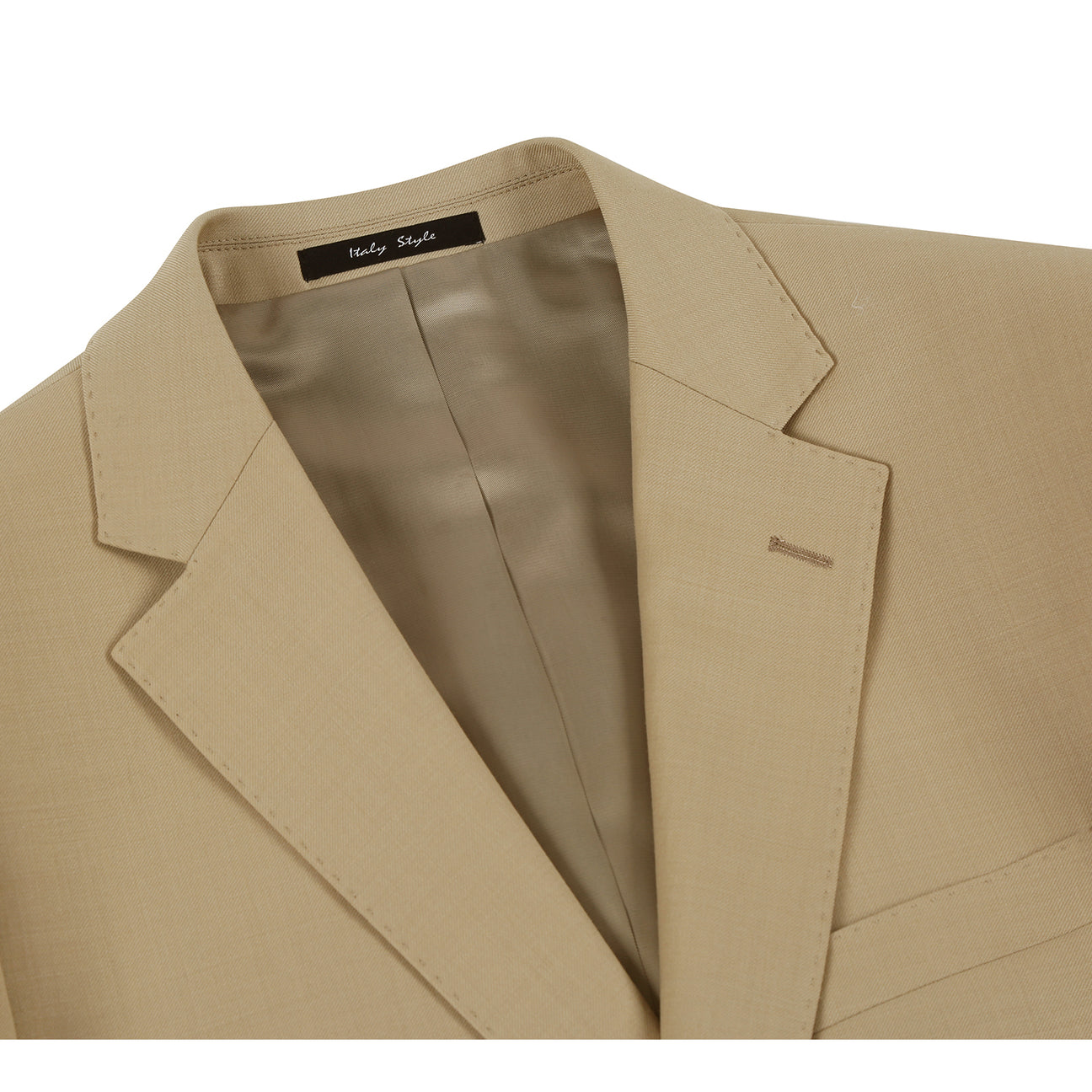 The Renoir Alessandro Vitello Tan 2-Piece Slim Fit Wool Suit, model 508-4, boasts a notch lapel and is designed with two buttons and two front pockets. Displayed on a plain white background, its slim fit ensures it is a versatile addition to any wardrobe.