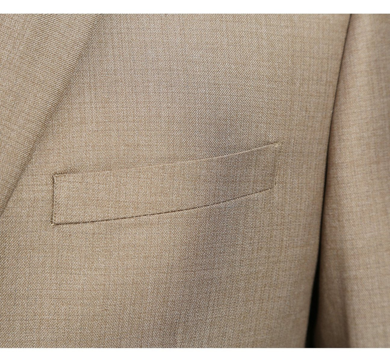 The Renoir Alessandro Vitello 2-Piece Classic Fit Suit, model 202-3, is showcased on a plain background and comes in an elegant beige. The ensemble includes a single-breasted jacket with two buttons and coordinating trousers, making it ideal for office wear.
