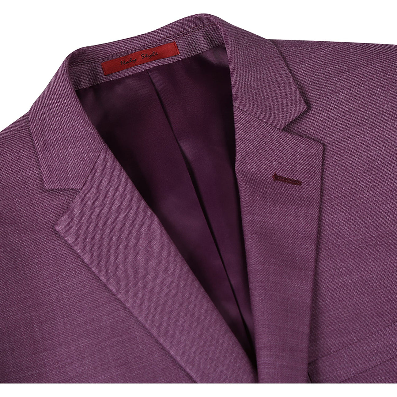 The Alessandro Vitello by Renoir Berry Slim Fit Notch Lapels Solid Suit 293-16 is a suit jacket in berry color, made from durable polyester. It features a slim fit with a single-breasted design, two buttons, and two front pockets.