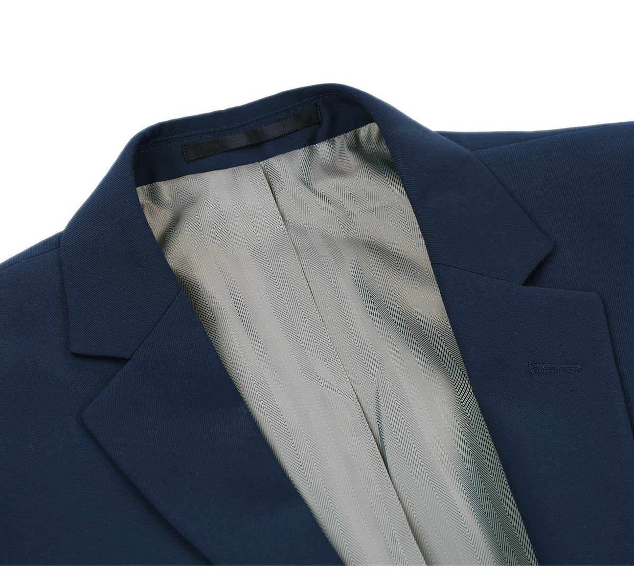 The Alessandro Vitello by Renoir Navy Blue 2-Piece Classic Fit Single Breasted Notch Lapel Suit 201-19 provides lightweight comfort, featuring a single-breasted jacket and matching pants, all showcased on a white background.