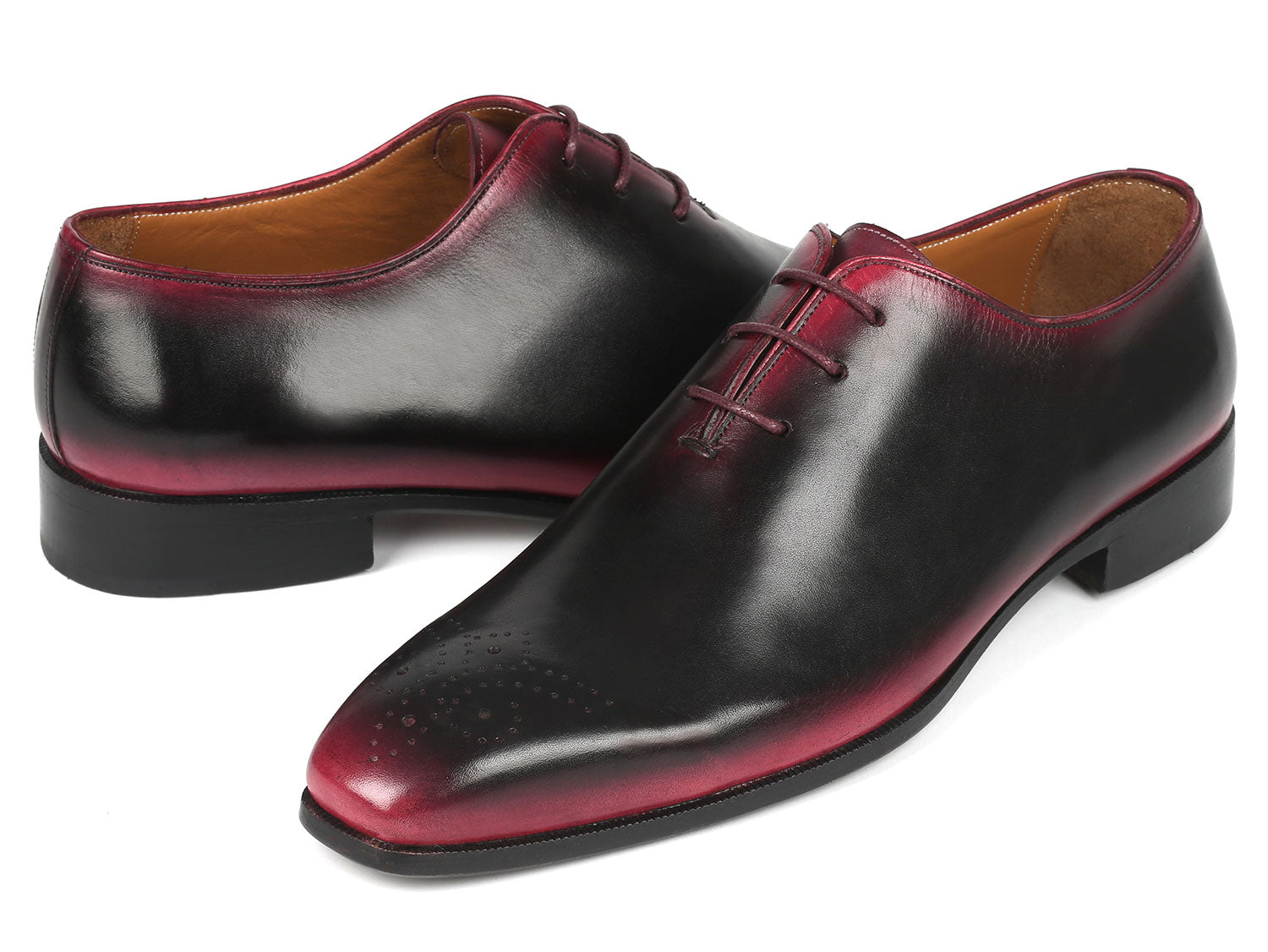 A pair of Paul Parkman Black & Red Men's Oxford Shoes (Model: KR254-01-83), handcrafted with polished black and burgundy leather featuring hand-painted details and intricate brogue work, elegantly stacked on a white background.
