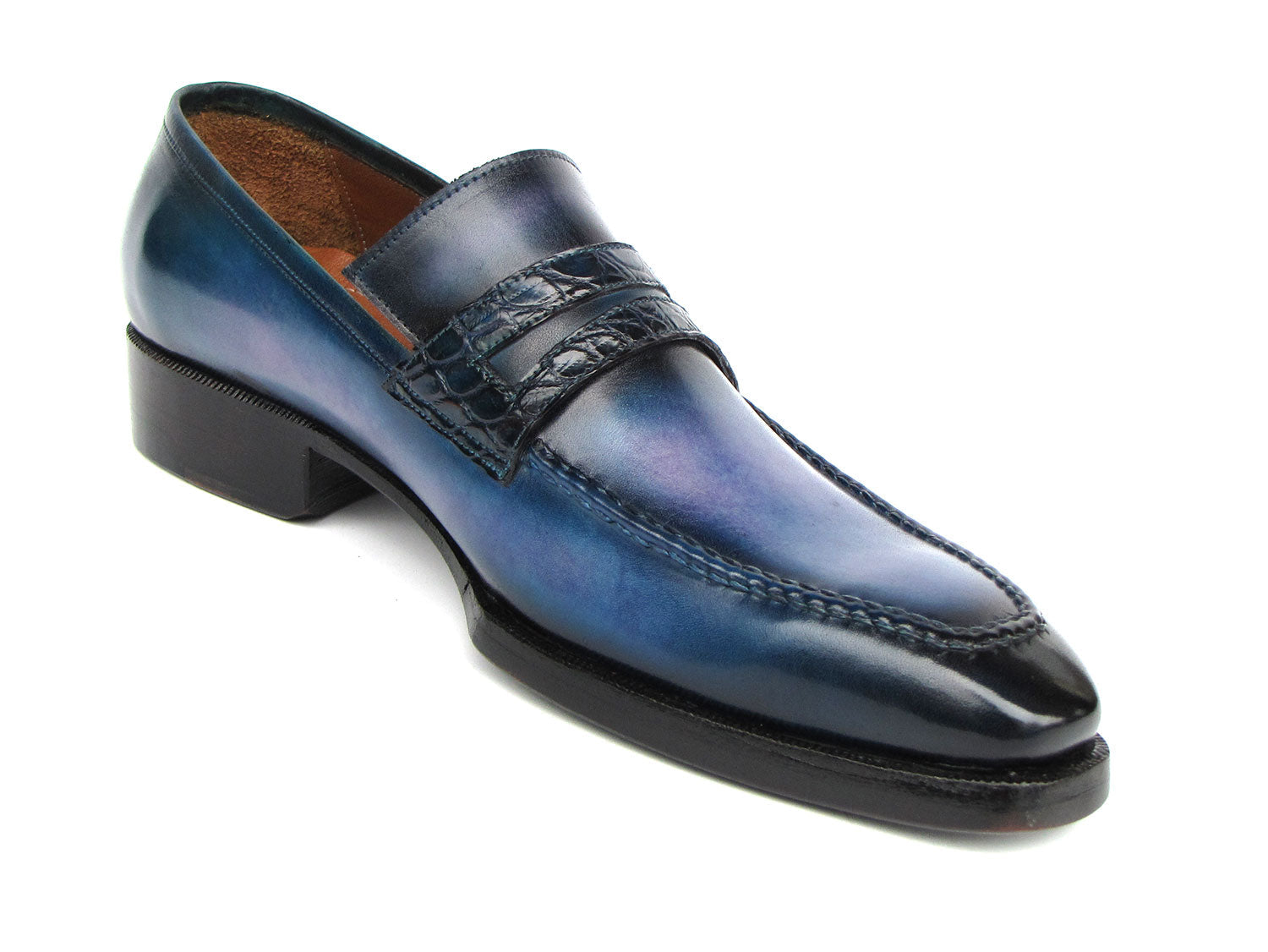 The Paul Parkman Men's Blue Patina Handmade Loafers (model 6944-BLU) feature a stunning design with a dark geometric strap detail and a subtle gradient. These loafers are crafted from hand-painted leather, constructed using the Goodyear welted method for exceptional quality and durability, complete with robust black soles.