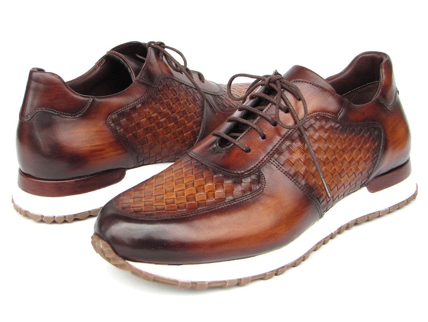 Paul Parkman Men's Brown Hand-Painted Woven Leather Sneakers - LW205BRW, featuring a woven pattern with brown leather, white soles, and brown laces, crafted as made-to-order shoes.