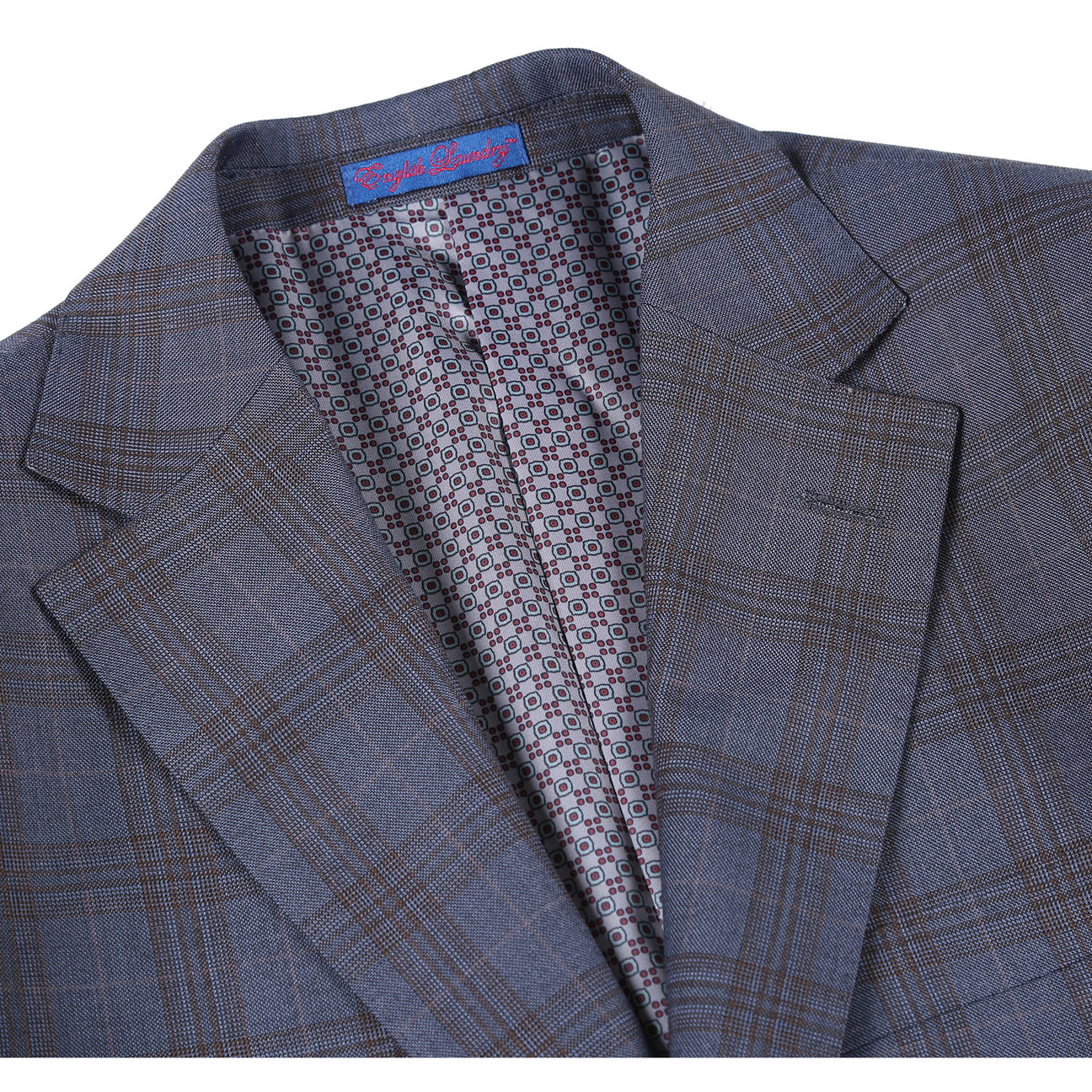 Displayed on a white background, the ENGLISH LAUNDRY Gray with Tan Check Notch Suit 72-55-555 from English Laundry's men's stylish suit collection boasts a two-button closure and side pockets, combining classic style with modern functionality.