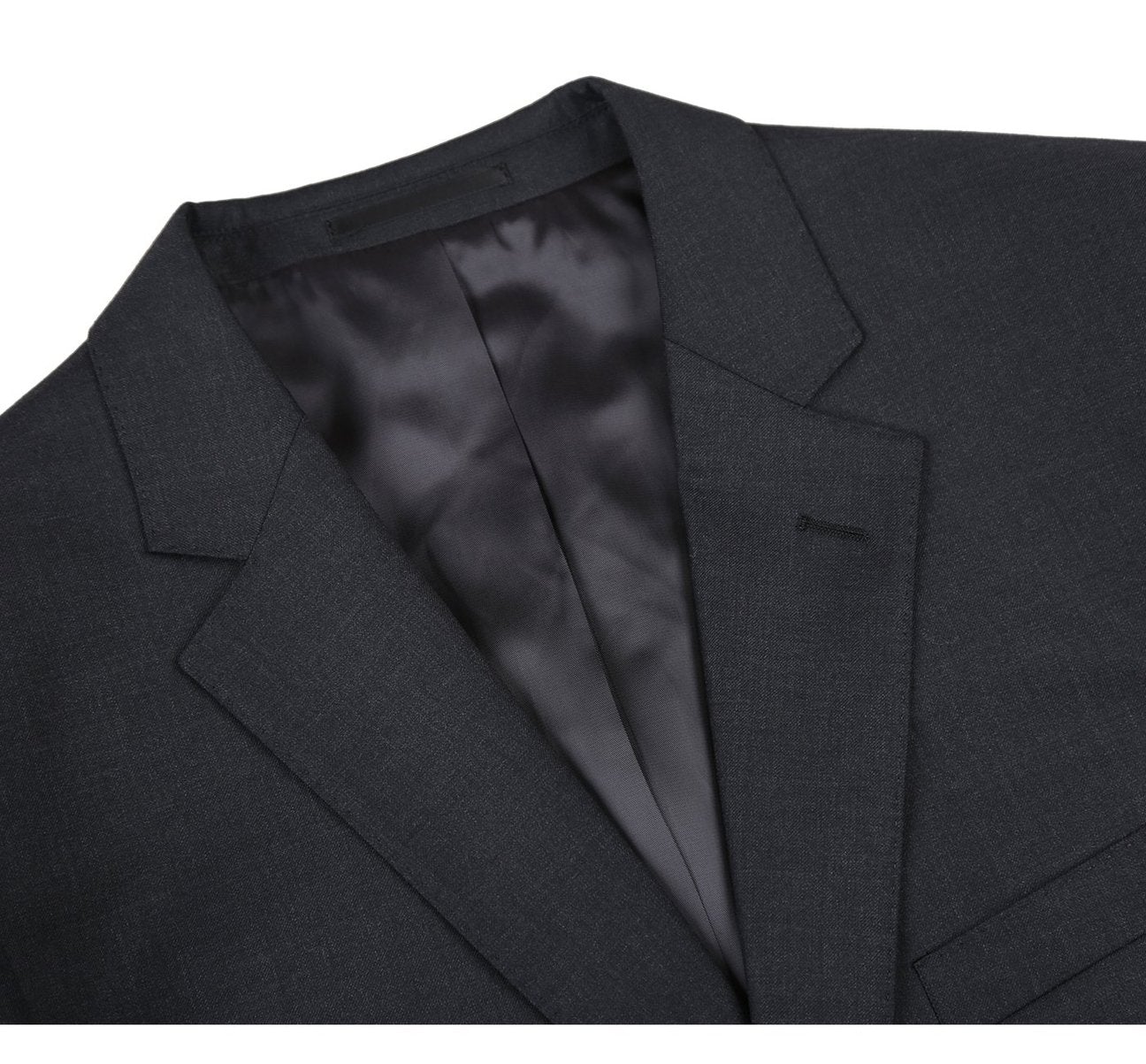 The Alessandro Vitello by Renoir 2-Button Slim Fit Notch Lapel Wool Suit 555-3, a dark gray two-piece crafted from virgin wool with a sharp blazer and sleek trousers, is elegantly displayed on a white background.