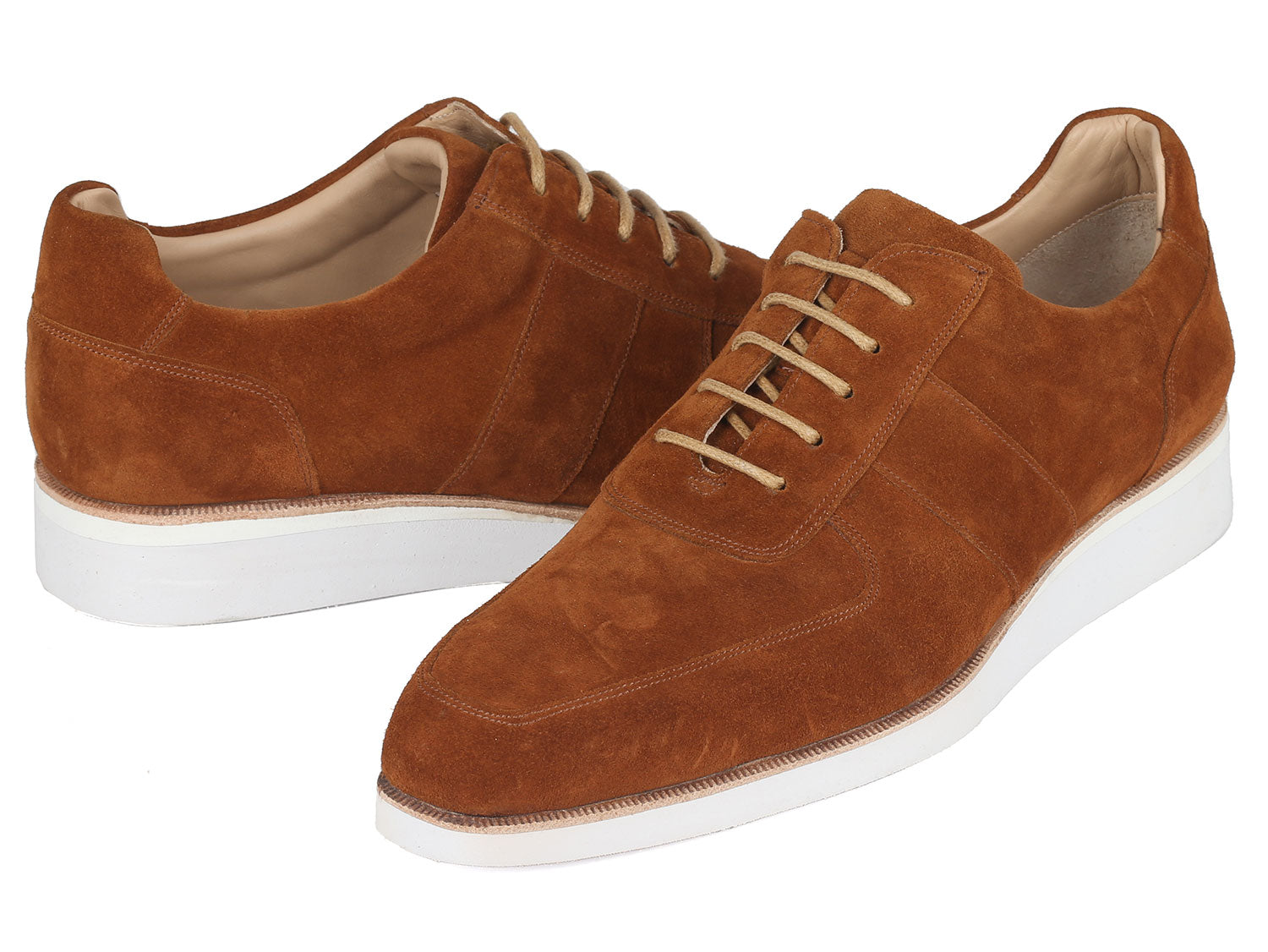 The Paul Parkman Men's Casual Shoes in camel suede, model 192-SD-CML, feature a stylish white sole and are elegantly displayed against a pristine white background.