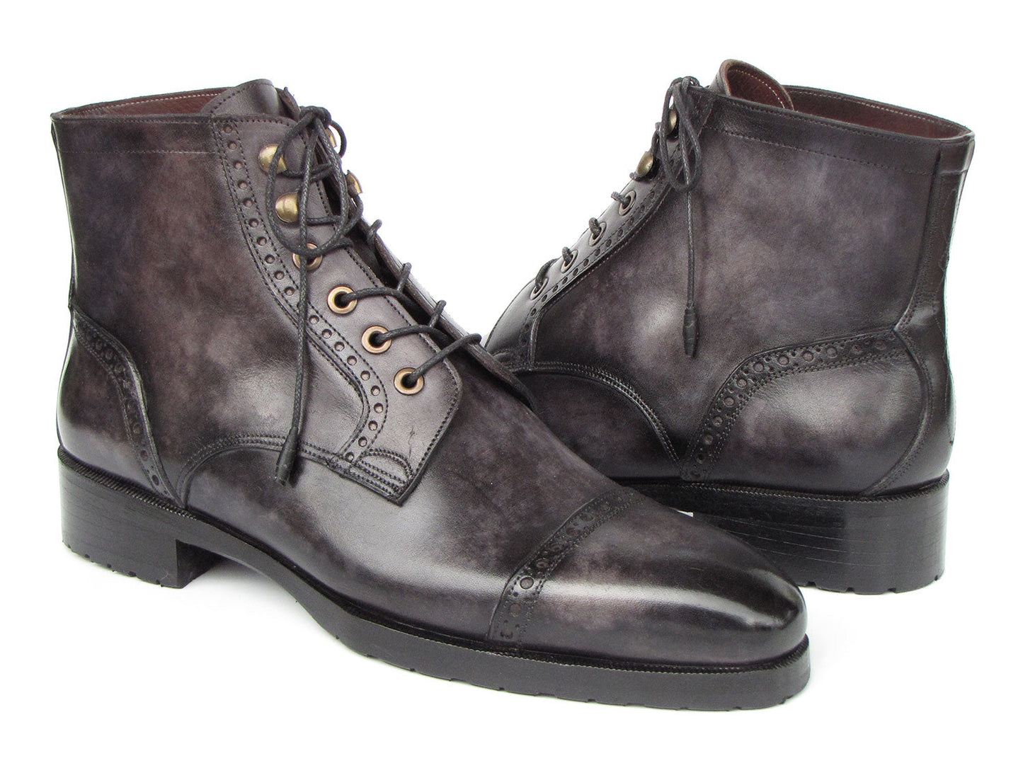 The image showcases the Paul Parkman Men's Gray & Black Hand-Painted Cap Toe Boots - BT9566-GRY, a pair of dark gray leather lace-up boots with a polished finish, decorative perforations, and a classic cap toe design, set against a white background.