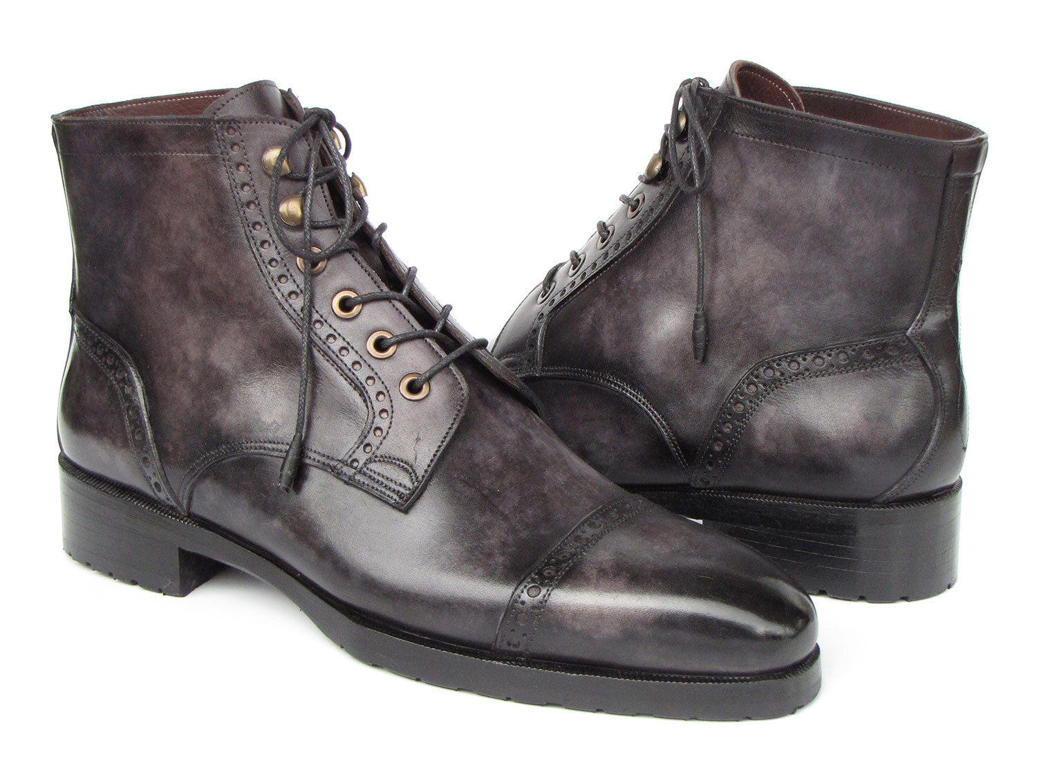 The image showcases the Paul Parkman Men's Gray & Black Hand-Painted Cap Toe Boots - BT9566-GRY, a pair of dark gray leather lace-up boots with a polished finish, decorative perforations, and a classic cap toe design, set against a white background.