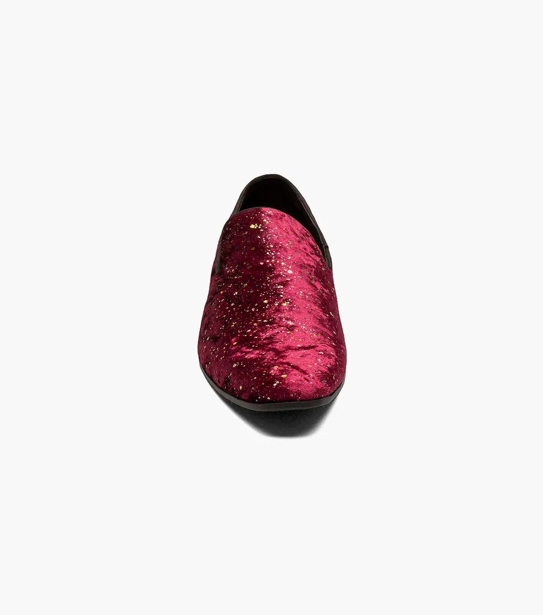 The STACY ADAMS Stellar Plain Toe Glitter Slip On in Burgundy (25534-601) features red velvet with gold glitter, black trim, a low black heel, and a Memory Foam footbed for comfort, shown on a white background.