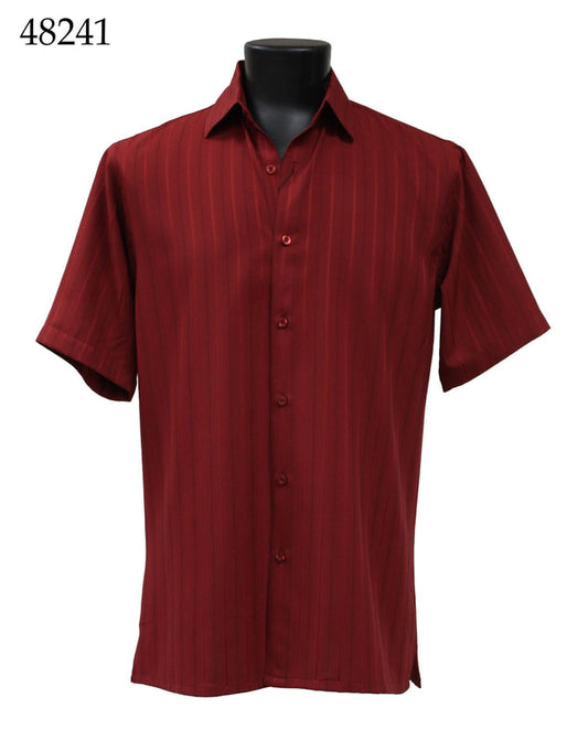 The Bassiri Short Sleeve Shirt 48241 by Bassiri, featuring a striking vertical stripe pattern, is elegantly arranged on a black mannequin to highlight its Regular Fit design.