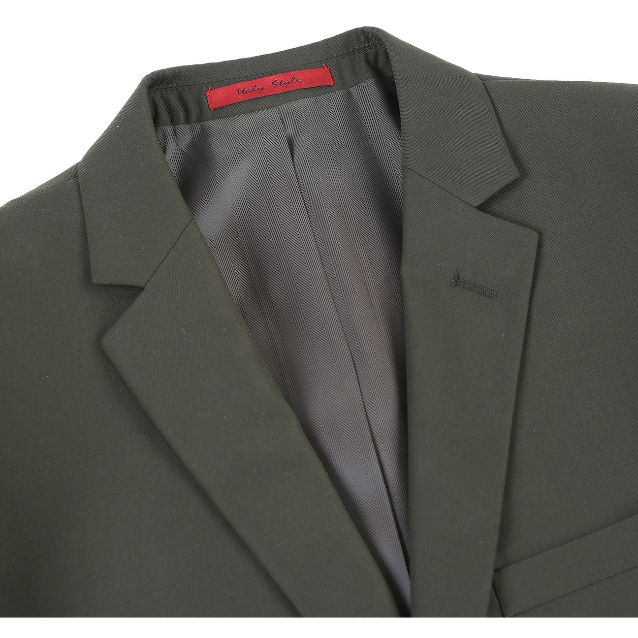 The Alessandro Vitello by Renoir 2-Piece Slim Fit Single Breasted Notch Lapel Olive Suit 201-10 is shown, featuring a slim-fit, single-breasted blazer with matching trousers set against a white background.