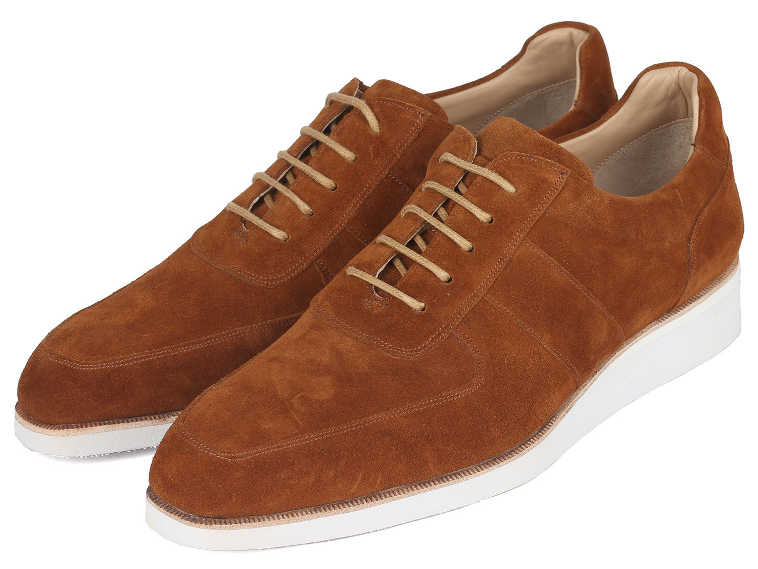 The Paul Parkman Men's Casual Shoes in camel suede, model 192-SD-CML, feature a stylish white sole and are elegantly displayed against a pristine white background.