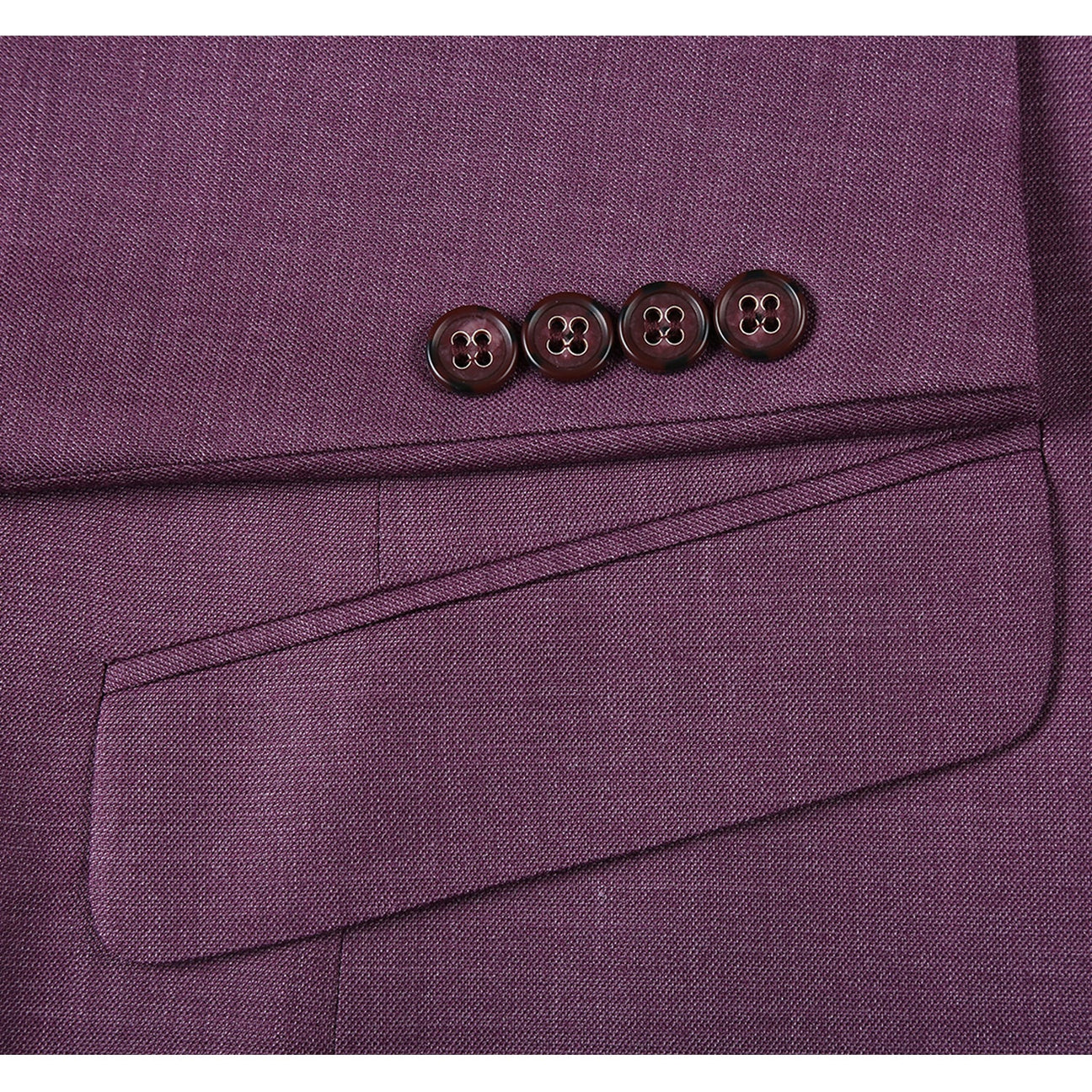 The Alessandro Vitello by Renoir Berry Slim Fit Notch Lapels Solid Suit 293-16 is a suit jacket in berry color, made from durable polyester. It features a slim fit with a single-breasted design, two buttons, and two front pockets.