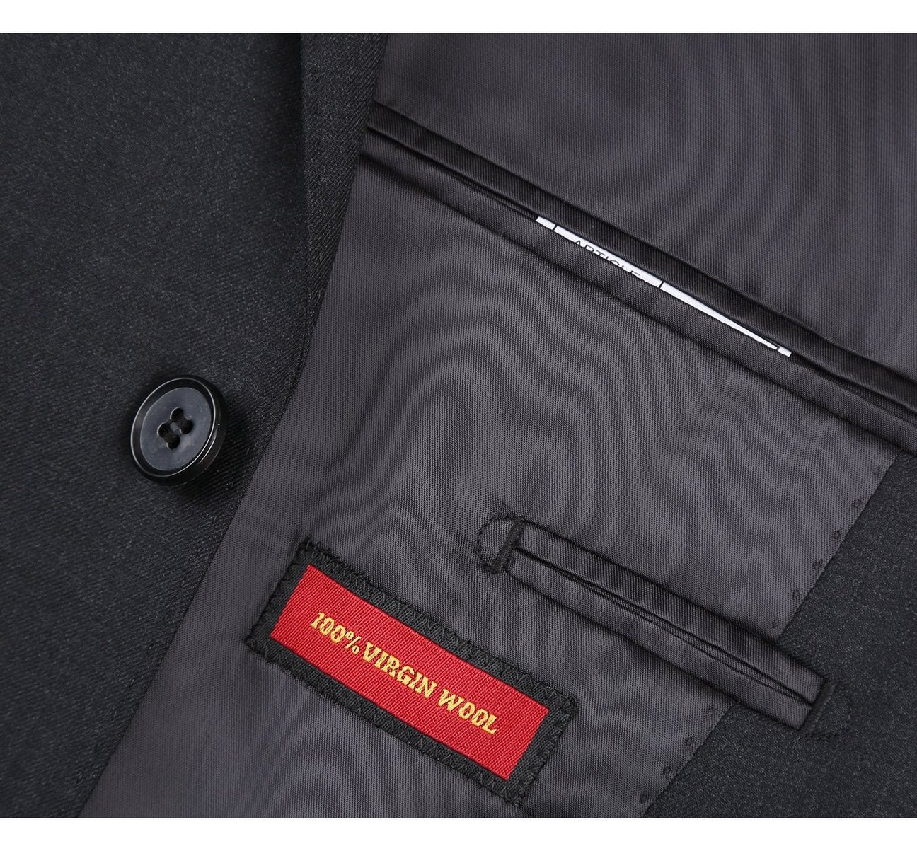 The Alessandro Vitello by Renoir 2-Button Slim Fit Notch Lapel Wool Suit 555-3, a dark gray two-piece crafted from virgin wool with a sharp blazer and sleek trousers, is elegantly displayed on a white background.