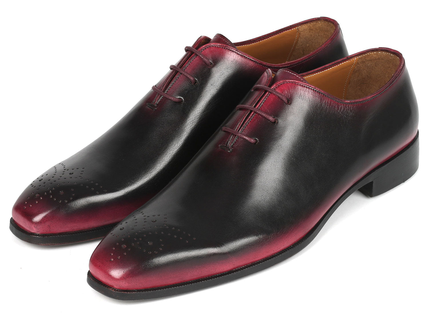 A pair of Paul Parkman Black & Red Men's Oxford Shoes (Model: KR254-01-83), handcrafted with polished black and burgundy leather featuring hand-painted details and intricate brogue work, elegantly stacked on a white background.
