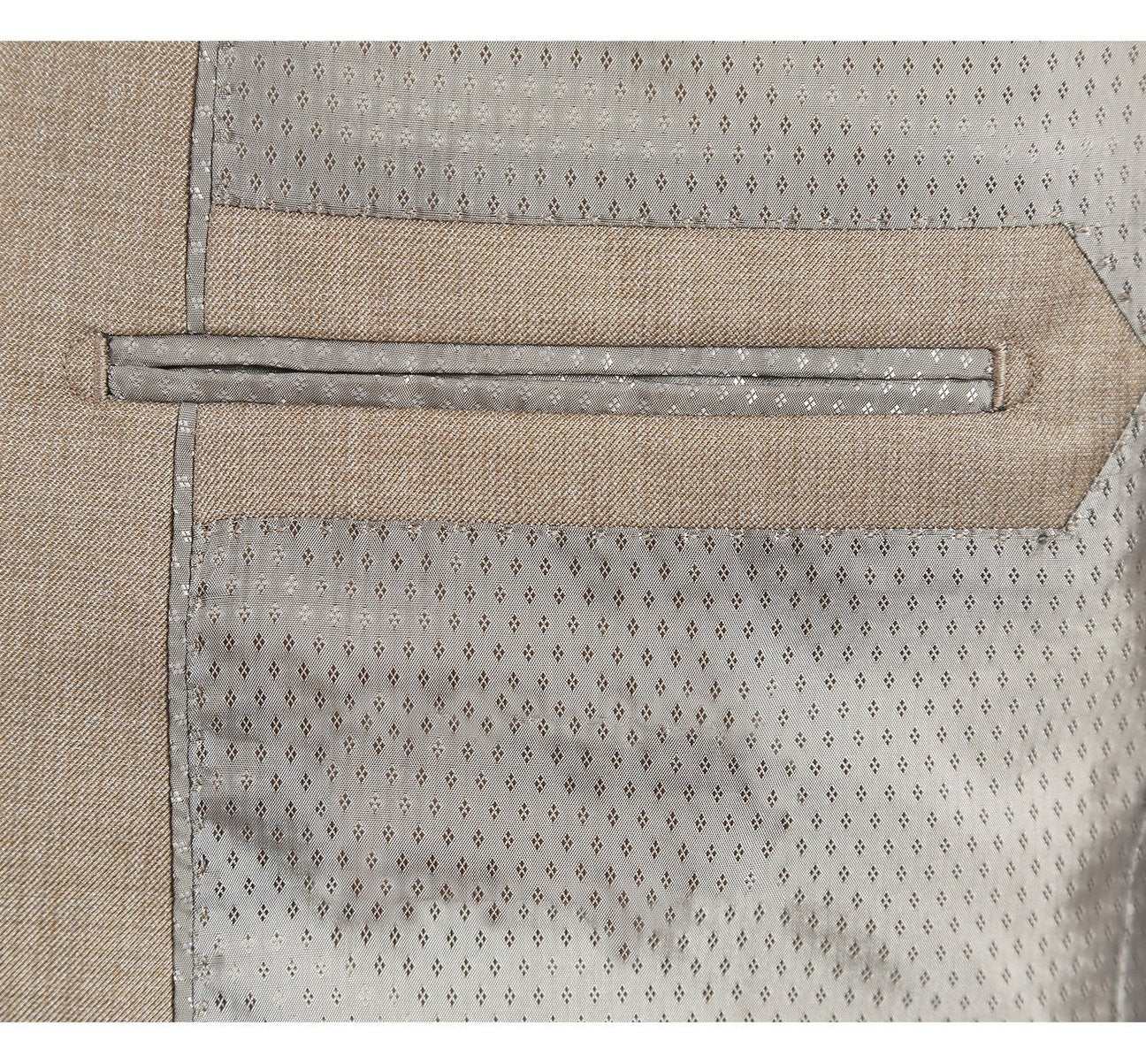 The Renoir Alessandro Vitello 2-Piece Classic Fit Suit, model 202-3, is showcased on a plain background and comes in an elegant beige. The ensemble includes a single-breasted jacket with two buttons and coordinating trousers, making it ideal for office wear.