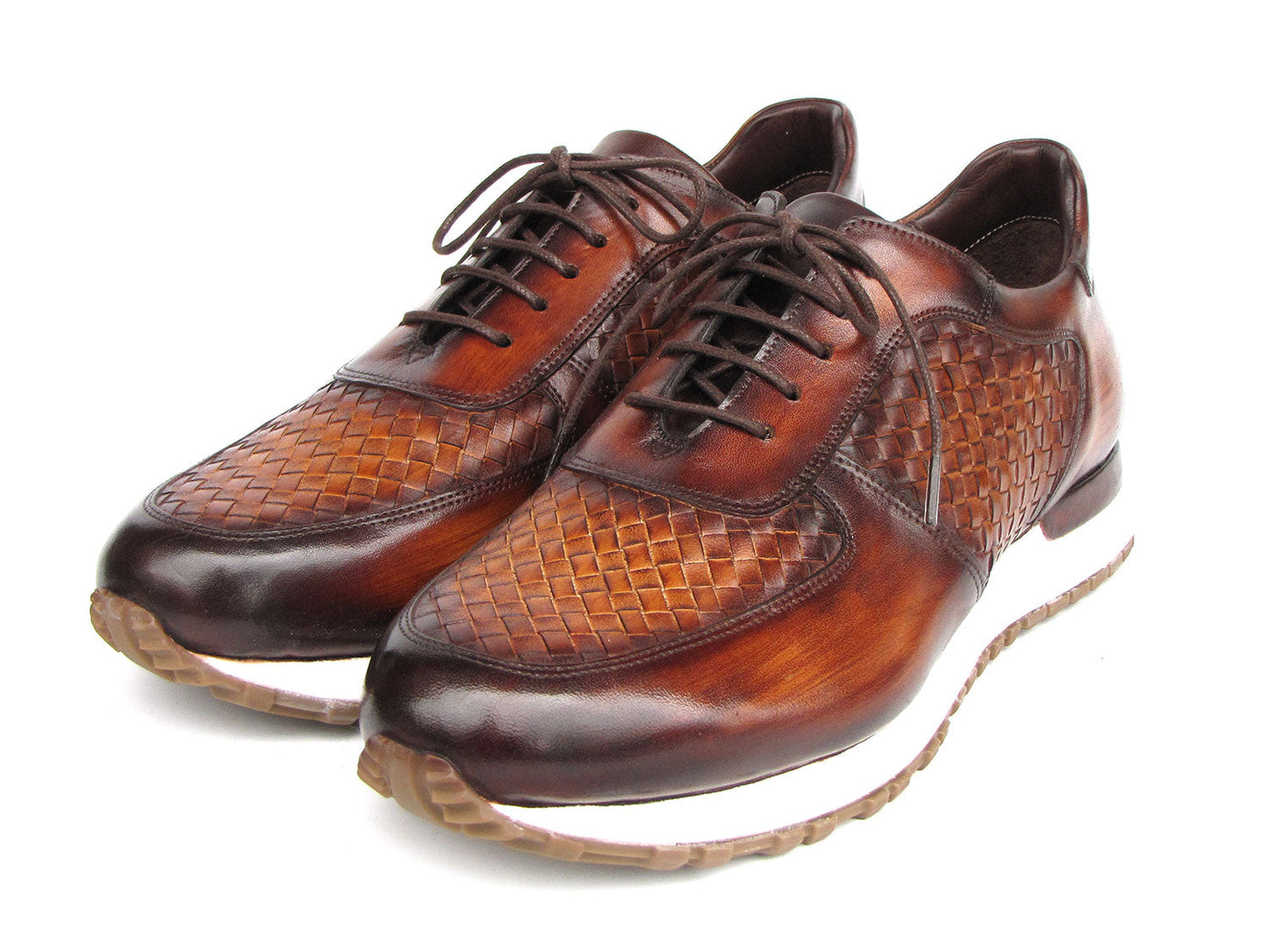 Paul Parkman Men's Brown Hand-Painted Woven Leather Sneakers - LW205BRW, featuring a woven pattern with brown leather, white soles, and brown laces, crafted as made-to-order shoes.