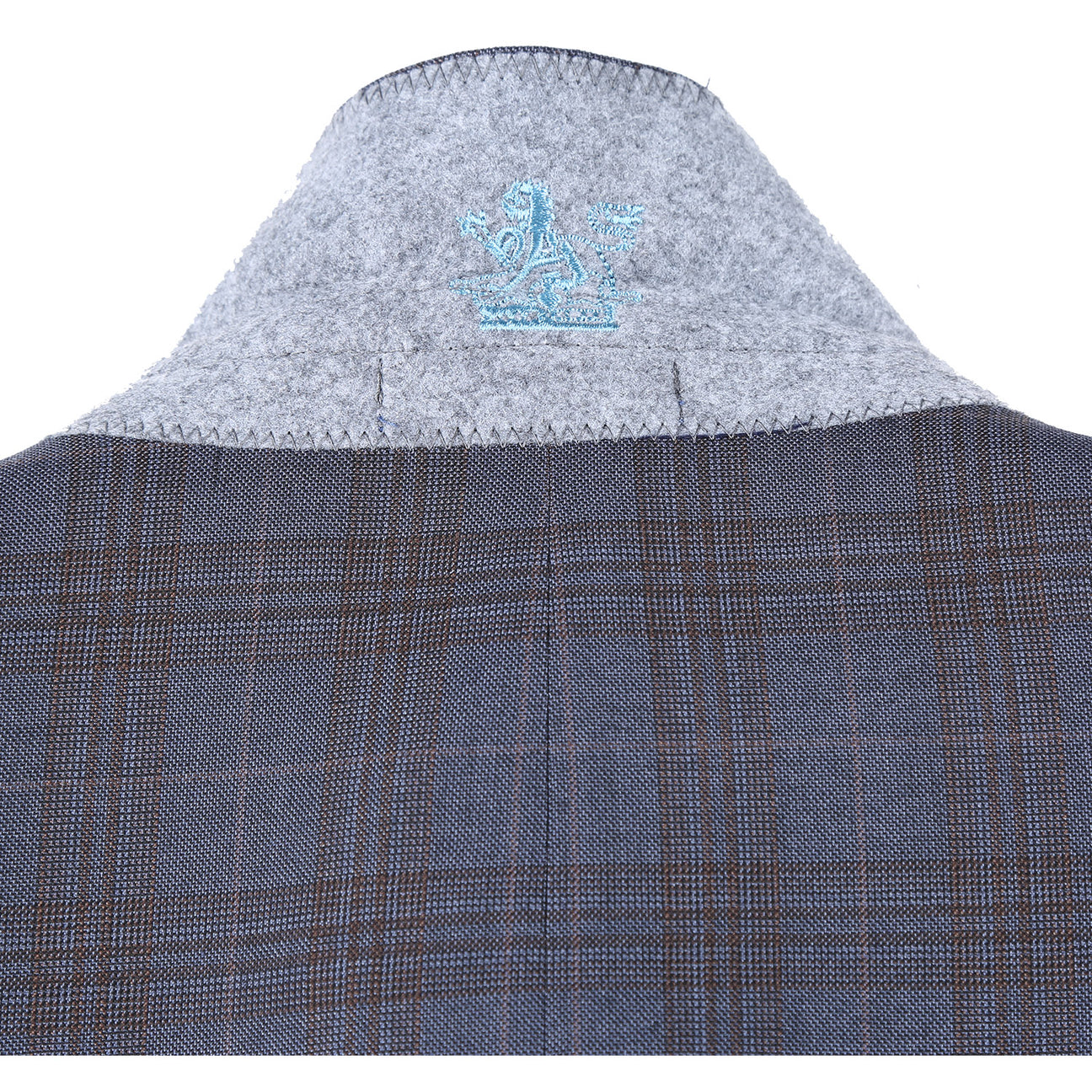 Displayed on a white background, the ENGLISH LAUNDRY Gray with Tan Check Notch Suit 72-55-555 from English Laundry's men's stylish suit collection boasts a two-button closure and side pockets, combining classic style with modern functionality.