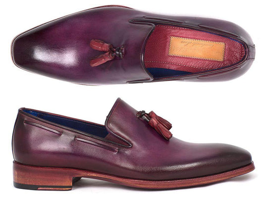 The Paul Parkman Tassel Loafer Purple - 5141PRP, designed for men, features a purple Italian calfskin upper with an elegant wooden heel and a durable leather sole.