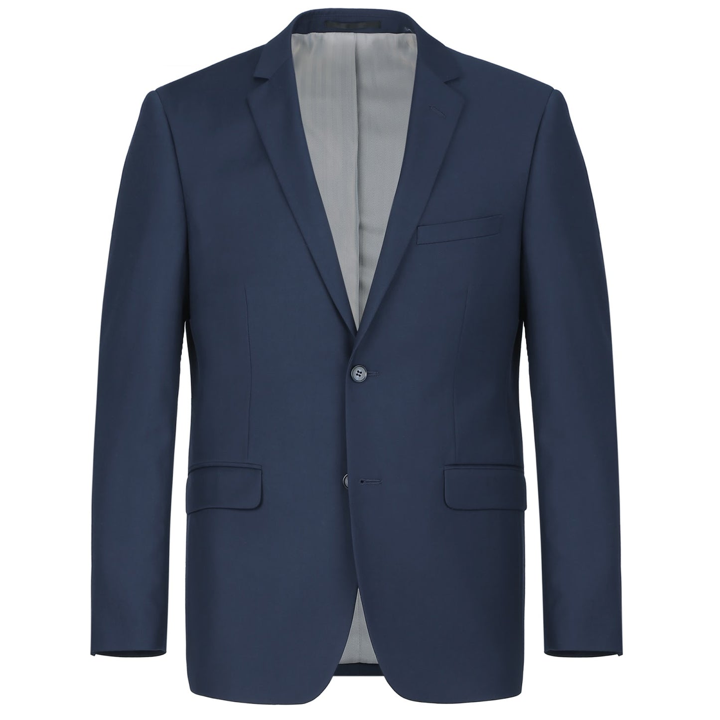 The Alessandro Vitello by Renoir Navy Blue 2-Piece Classic Fit Single Breasted Notch Lapel Suit 201-19 provides lightweight comfort, featuring a single-breasted jacket and matching pants, all showcased on a white background.