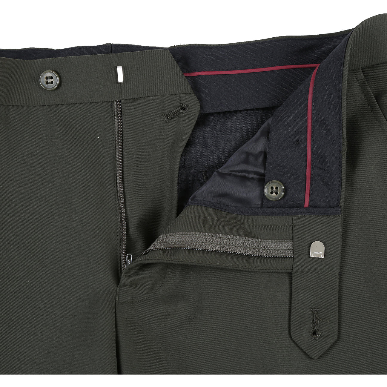 The Alessandro Vitello by Renoir 2-Piece Slim Fit Single Breasted Notch Lapel Olive Suit 201-10 is shown, featuring a slim-fit, single-breasted blazer with matching trousers set against a white background.