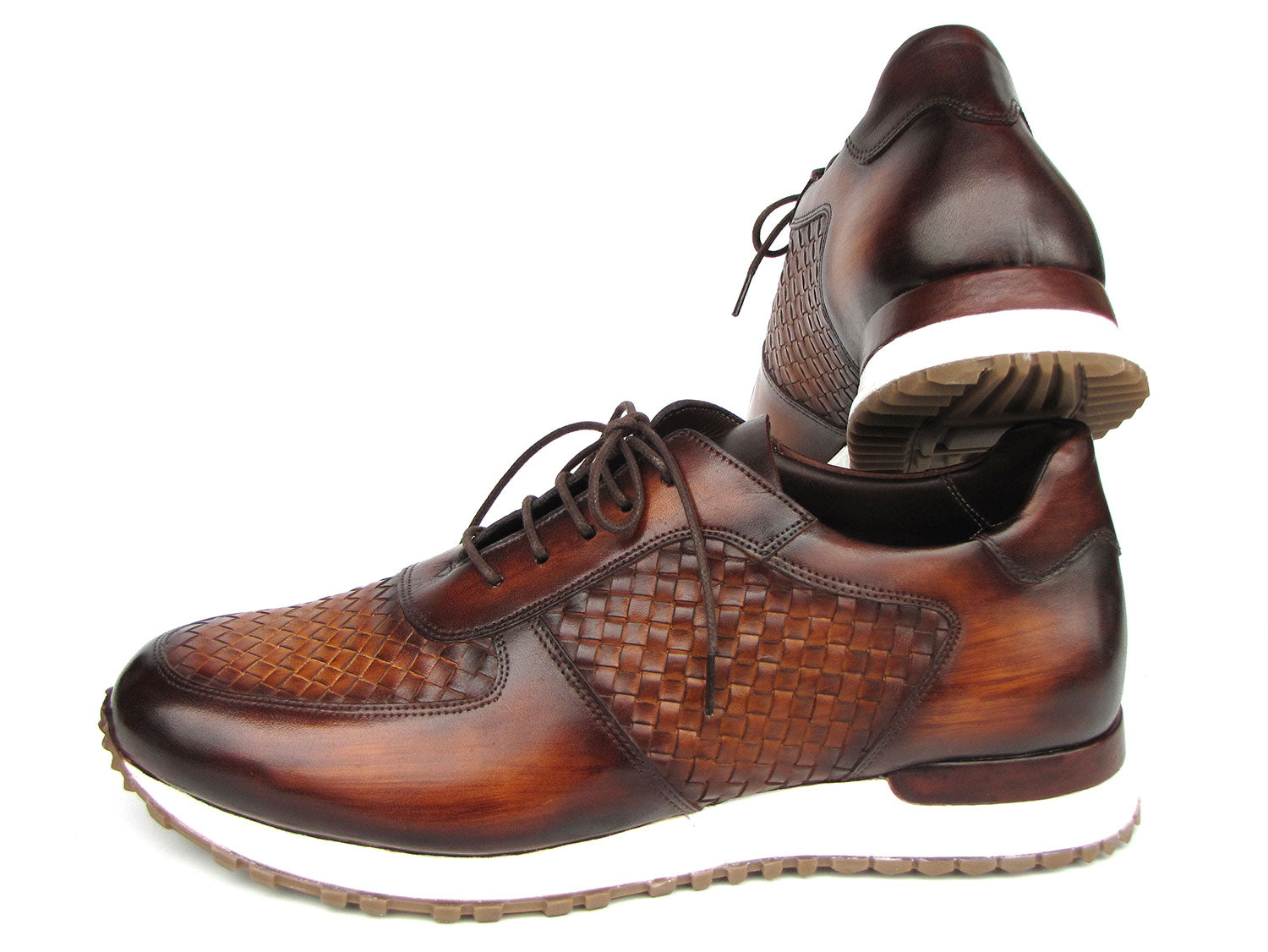 Paul Parkman Men's Brown Hand-Painted Woven Leather Sneakers - LW205BRW, featuring a woven pattern with brown leather, white soles, and brown laces, crafted as made-to-order shoes.