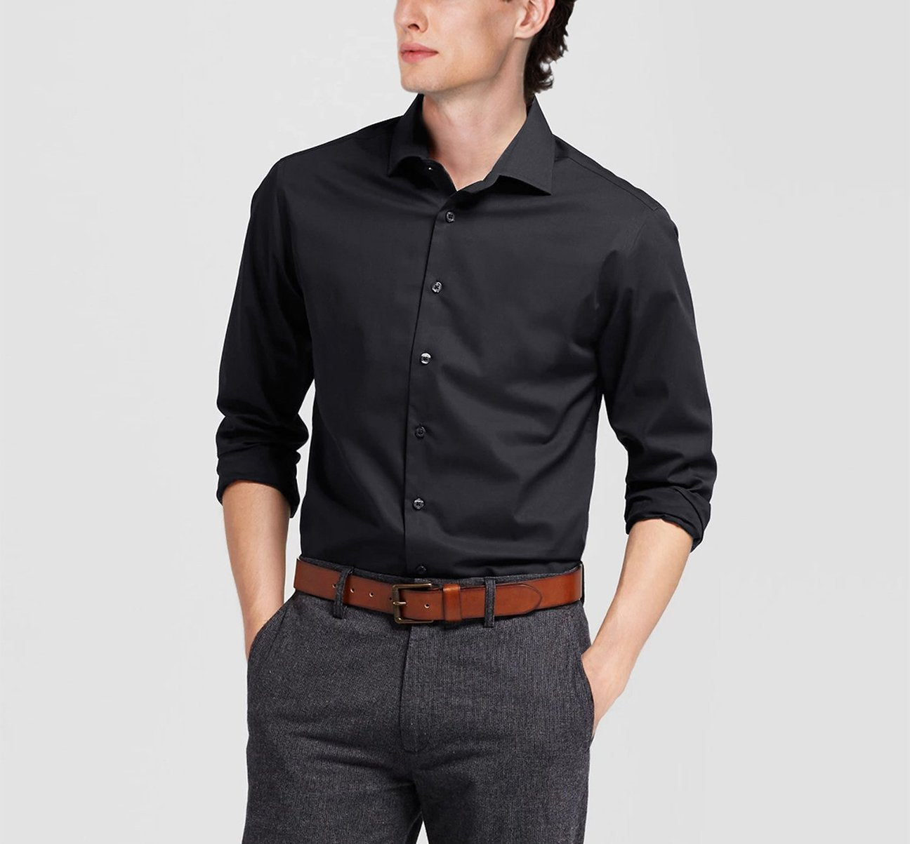 black spread collar dress shirt Modern Fit Spread Collar Dress Shirt | Black Solid