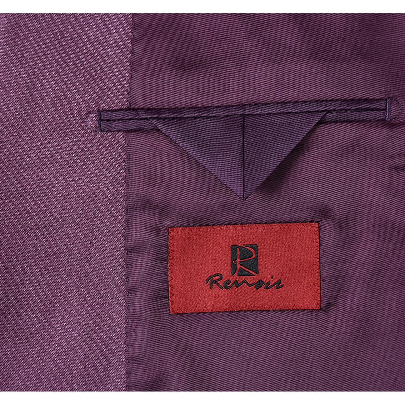 The Alessandro Vitello by Renoir Berry Slim Fit Notch Lapels Solid Suit 293-16 is a suit jacket in berry color, made from durable polyester. It features a slim fit with a single-breasted design, two buttons, and two front pockets.