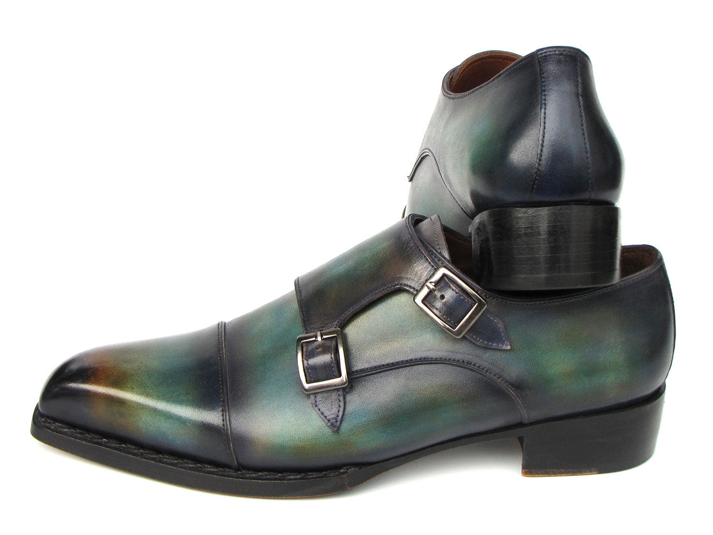Paul Parkman presents the Men's Cap Toe Double Monkstrap Shoes in Green & Blue Patina, model 2598-5BG. These polished leather dress shoes are hand-painted and feature a distinctive double monk strap design with subtle brown accents, available as a made-to-order product.