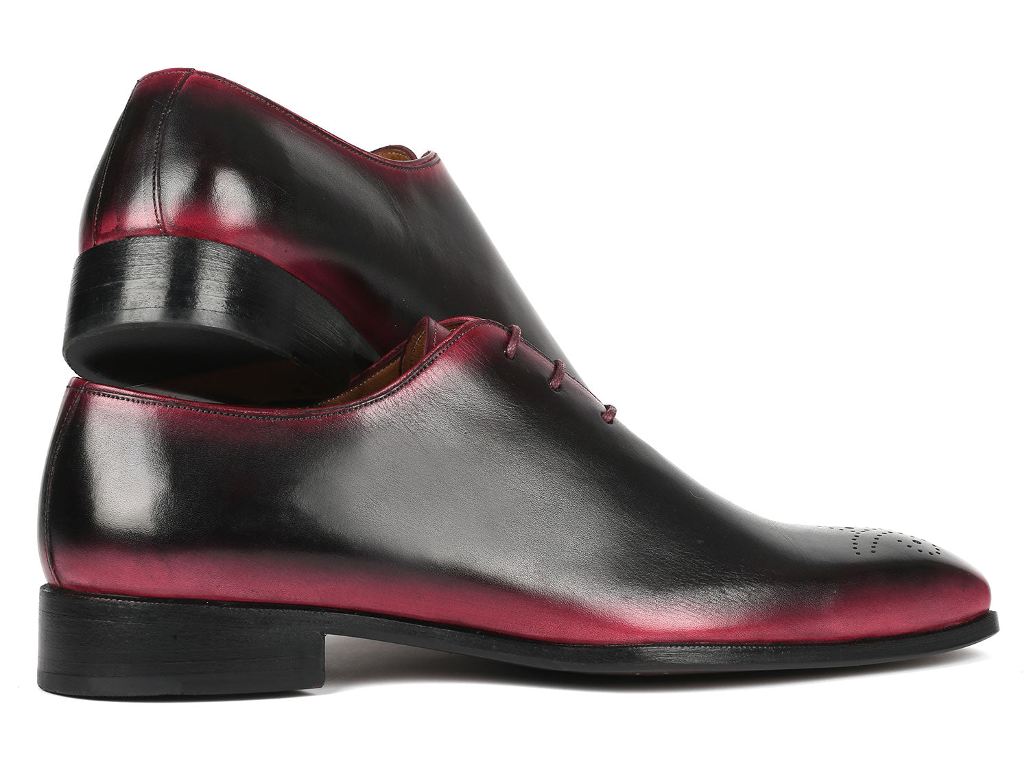 A pair of Paul Parkman Black & Red Men's Oxford Shoes (Model: KR254-01-83), handcrafted with polished black and burgundy leather featuring hand-painted details and intricate brogue work, elegantly stacked on a white background.