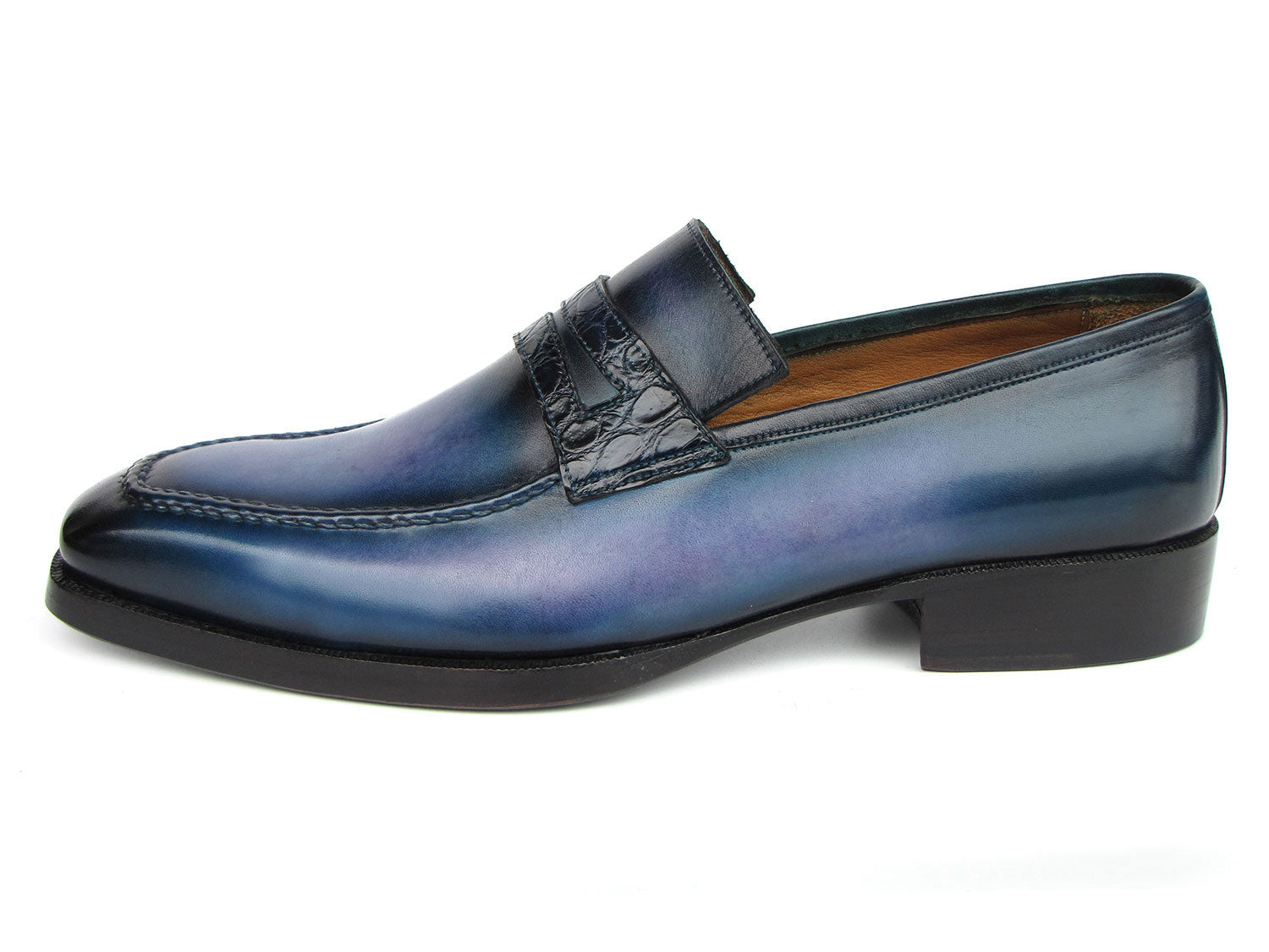 Check out the Paul Parkman Men's Blue Patina Handmade Loafers - 6944-BLU, featuring a sophisticated design with black trim and crocodile pattern detail. These hand-painted leather loafers are photographed from top and side views, showcasing their Goodyear welted construction and timeless craftsmanship.