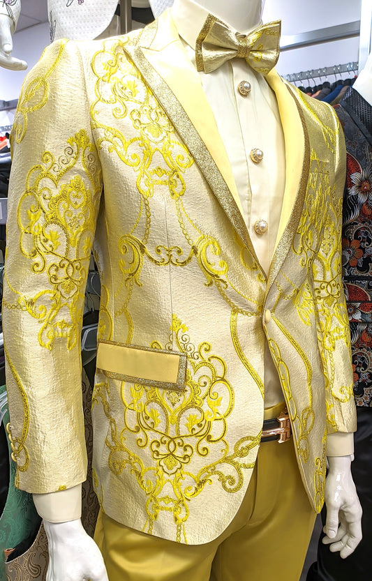 INSOMNIA Super Slim Blazer 5 in yellow and gold with embroidery, paired with a matching bow tie, showcased on a mannequin by Insomnia.