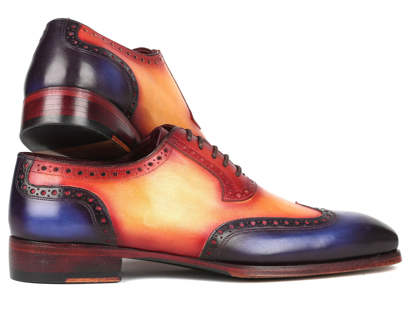 Introducing the Paul Parkman Goodyear Welted Men's Wingtip Oxfords Multicolor - 6819-MLT, a striking pair of vibrant, multicolored shoes with a lace-up design and exquisite hand-painted leather detailing in shades of red, orange, and blue.