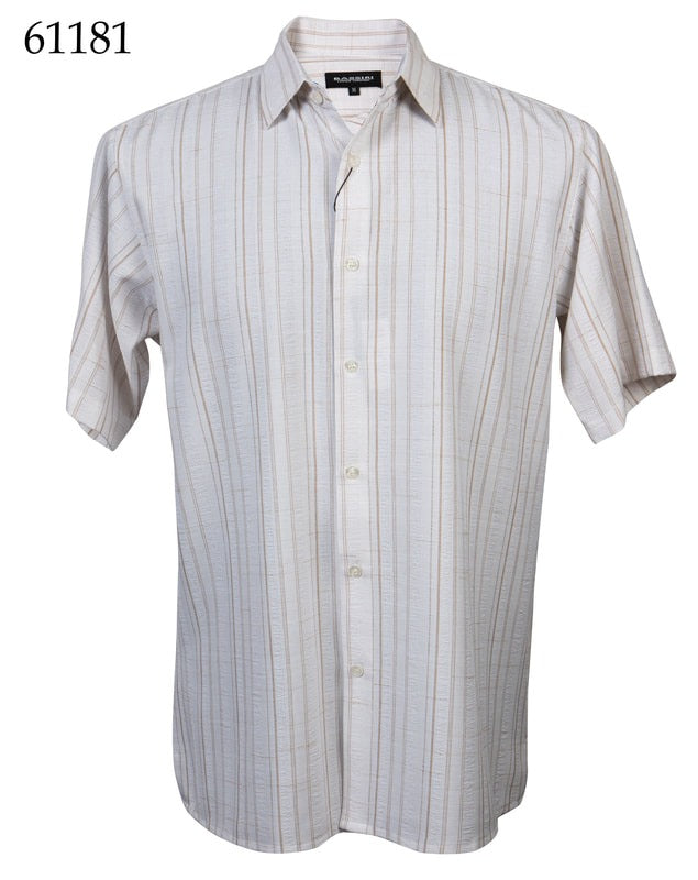 The Bassiri Short Sleeve Shirt 61181 by Bassiri is a regular fit, short-sleeved shirt in light beige featuring vertical pinstripes, displayed on a plain background.