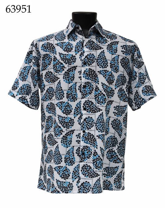 Displayed on a mannequin is the Bassiri Short Sleeve Shirt, showcasing a striking abstract leaf pattern in black and blue set against a white backdrop. The number 63951 appears in the top left corner.