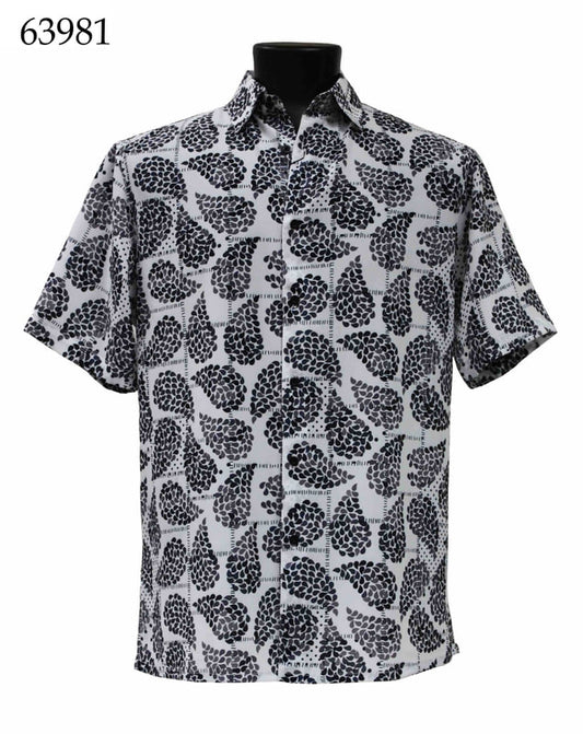 Bassiri Short Sleeve Shirt 63981, a regular fit black and white shirt with a leaf pattern, displayed on a mannequin.