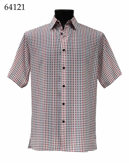 The Bassiri Short Sleeve Shirt 64121 by Bassiri, featuring a checkered pattern in red, blue, and white, is displayed on a black mannequin torso with the model number visible in the image corner.