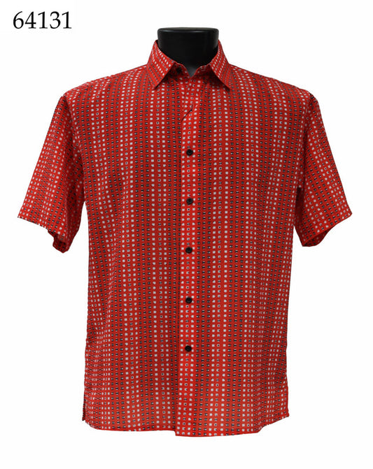 Displayed on a mannequin is the Bassiri Short Sleeve Shirt 64131, a Regular Fit, red button-up shirt featuring a geometric pattern. The number 64131 appears in the upper left corner.