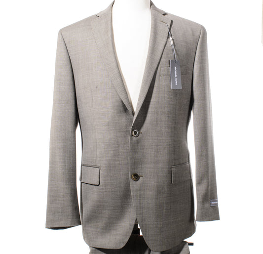 A stylish gray two-button suit jacket, featuring a contemporary silhouette, is elegantly displayed on a mannequin. It is crafted from luxurious wool birdseye fabric and carries the discreet price tag on its sleeve. This exquisite piece is named the Michael Kors Modern Fit Birdseye KELS2K2Z2154 by MICHAEL KORS.