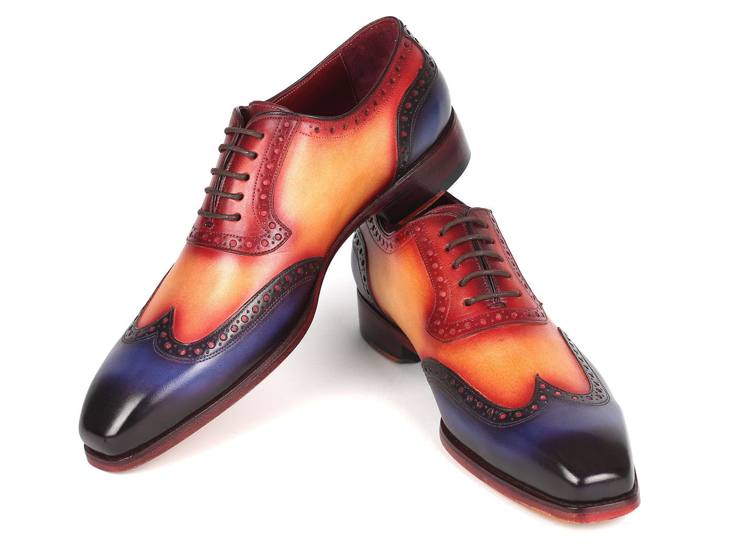 The Paul Parkman Goodyear Welted Men's Wingtip Oxfords Multicolor - 6819-MLT feature a handcrafted design with ombre colors of red, orange, and purple, wingtip oxford brogue detailing, and black laces.