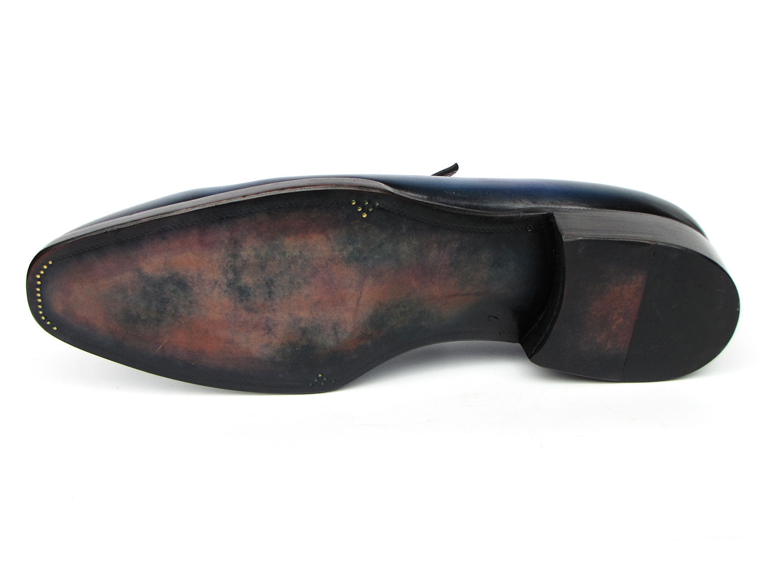 Check out the Paul Parkman Men's Blue Patina Handmade Loafers - 6944-BLU, featuring a sophisticated design with black trim and crocodile pattern detail. These hand-painted leather loafers are photographed from top and side views, showcasing their Goodyear welted construction and timeless craftsmanship.