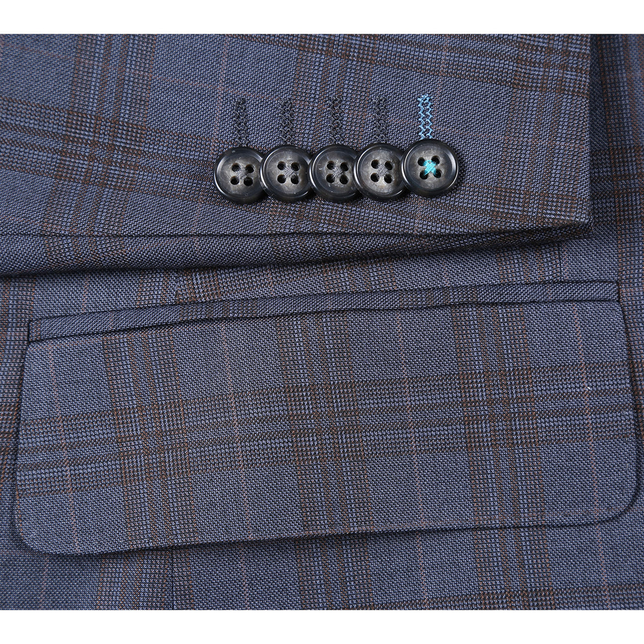 Displayed on a white background, the ENGLISH LAUNDRY Gray with Tan Check Notch Suit 72-55-555 from English Laundry's men's stylish suit collection boasts a two-button closure and side pockets, combining classic style with modern functionality.