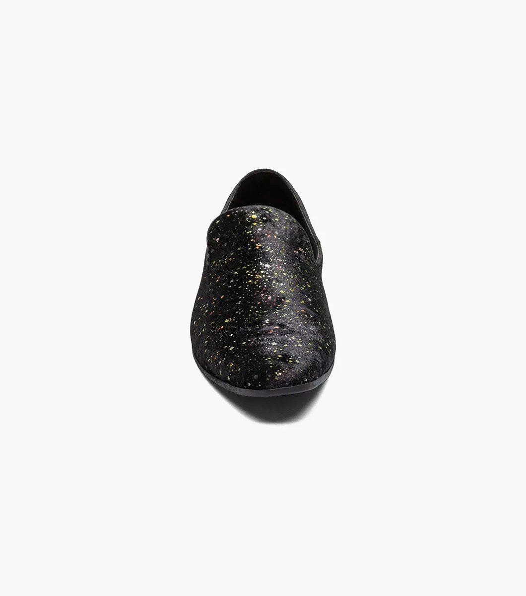 Introducing the Stacy Adams Stellar - STELLAR Plain Toe Glitter Slip On in Black (25534-001). This shoe features a unique multicolored speckled pattern that evokes the beauty of stars. Experience exceptional comfort with its memory foam footbed, ensuring each step feels as if you're walking on clouds.