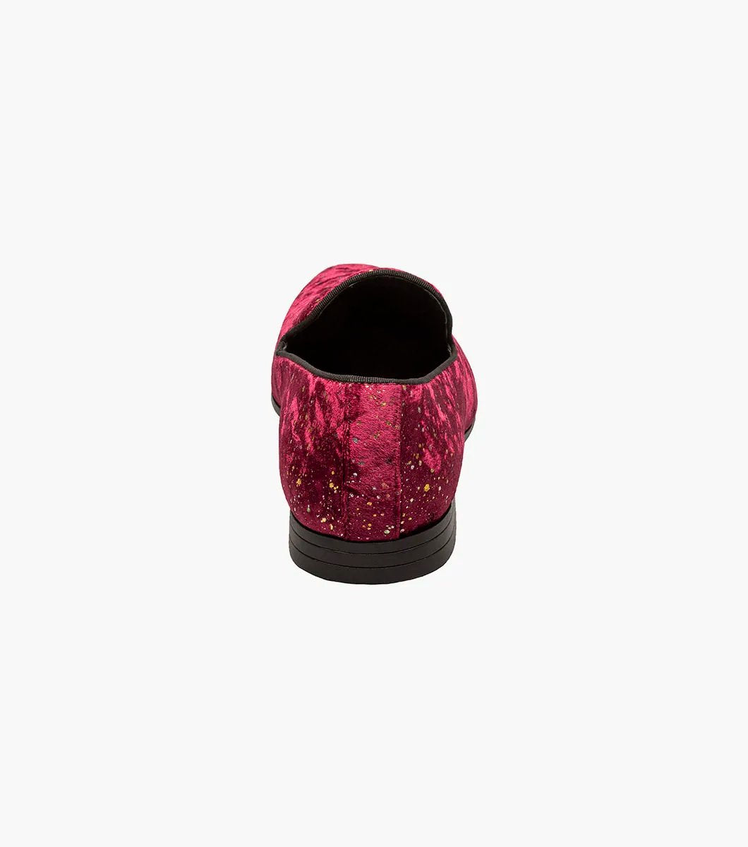 The STACY ADAMS Stellar Plain Toe Glitter Slip On in Burgundy (25534-601) features red velvet with gold glitter, black trim, a low black heel, and a Memory Foam footbed for comfort, shown on a white background.