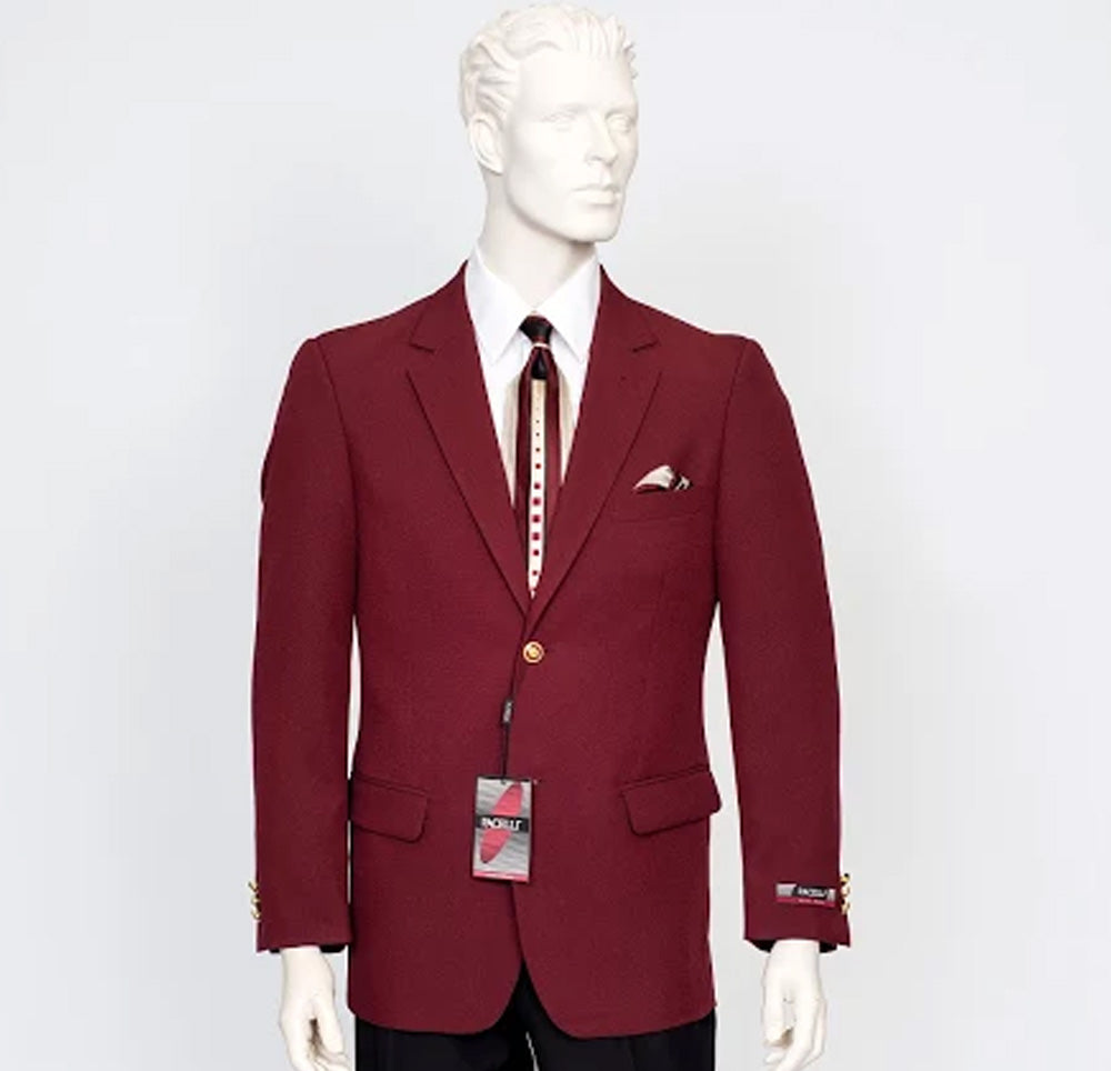 A mannequin showcases the Pacelli Solid 2 Button Burgundy Blazer BLAIR-70006, adorned with striking gold buttons, elegantly paired with a white shirt and black tie.