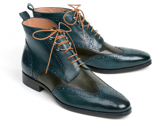 A pair of Paul Parkman Wingtip Ankle Boots in a stylish dual-tone green and blue, with intricate perforated designs and tan laces.